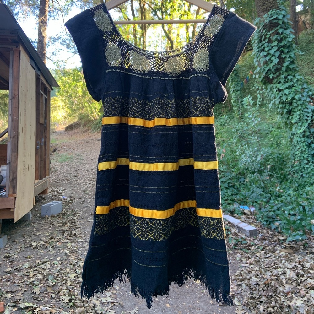 Handmade/hand woven black Mexican dress with bright yellow gold